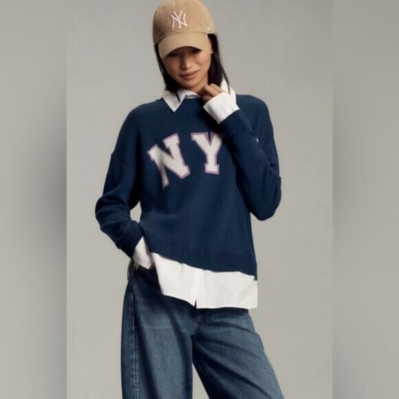Maeve NYC Graphic Twofer Sweater Blouse Collar Cuff Blue/White Anthropologie XS - Picture 1 of 11